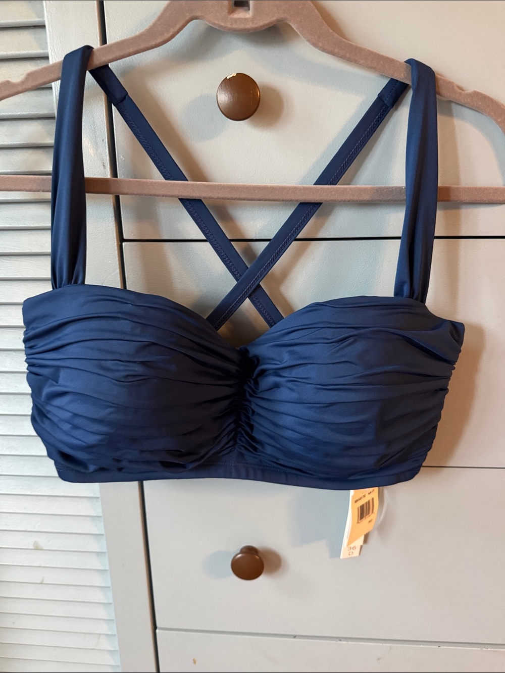Bleu Rod Beattie Navy Ruched Bandeau Bikini Top with Crisscross Straps